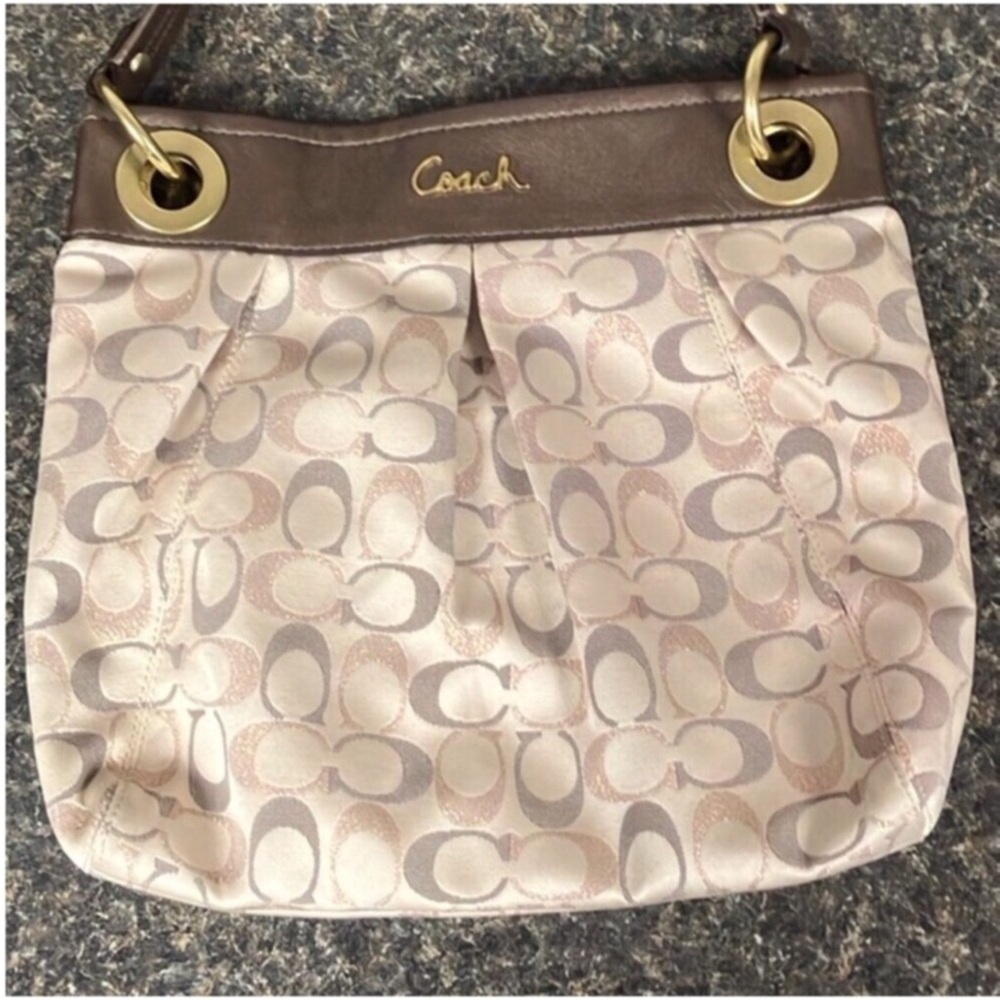 Coach Ashley tri metallic bag purse tote purple lining euc